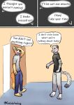 absurd_res anthro black_clothing black_shirt black_topwear blush bottomwear canid canine clothing coalcolorhusky dialogue duo embarrassed english_text felid fox grey_clothing grey_shirt grey_topwear hi_res inside karno_(coalcolorhusky) male mammal pantherine pants red_fox shirt snow_leopard speech_bubble sweatpants tail text topwear true_fox