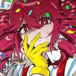  1girl alternate_costume bright_pupils collared_shirt confetti contrast_collar dated drill_hair gloves grey_background hair_between_eyes hand_up kasane_teto looking_at_viewer mesmerizer_(vocaloid) parted_lips portrait qiancaofu red_eyes shirt solo static striped_clothes striped_shirt suspenders sweat twin_drills twitter_username utau white_pupils wing_collar worried yellow_gloves 