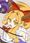 1girl absurdres blonde_hair bow bowtie brown_horns center_frills commentary_request fang frills gourd grey_background hair_bow highres horns ibuki_suika kurohiba long_hair looking_at_viewer open_mouth purple_skirt red_bow red_bowtie shirt sidelocks simple_background skirt solo touhou upper_body white_shirt wrist_cuffs yellow_eyes 