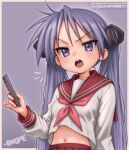  1girl artist_name border commentary controller english_commentary fanbox_username highres hiiragi_kagami holding holding_remote_control long_hair lucky_star navel neckerchief open_mouth outside_border purple_eyes purple_hair rahime red_neckerchief red_sailor_collar red_skirt remote_control sailor_collar sailor_shirt shirt skirt solo standing teeth upper_body upper_teeth_only v-shaped_eyebrows web_address white_border white_shirt 