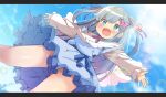  1girl :d absurdres angel_wings aqua_eyes ass_visible_through_thighs blue_dress blue_eyes blue_hair blue_ribbon blue_sky blush bubble butterfly_hair_ornament cloud commission day dress dutch_angle fang feet_out_of_frame frilled_dress frills from_below hair_ornament hair_ribbon highres indie_virtual_youtuber lens_flare letterboxed long_hair long_sleeves looking_at_viewer neck_ribbon no_panties open_mouth outdoors outstretched_arms pink_ribbon purple_ribbon ribbon rurino_nemo shiro9jira shirt short_dress skeb_commission skin_fang sky sleeves_past_wrists smile solo spread_arms thighs two_side_up white_shirt wings 