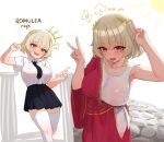  1girl armpits arms_up black_necktie black_skirt blonde_hair blush breasts collarbone double_v english_text fang from_above greco-roman_clothes highres large_breasts laurel_crown looking_at_viewer mockingeu multiple_views necktie open_mouth original pink_eyes pleated_skirt shirt short_hair short_sleeves skirt smile standing sun thighhighs v white_shirt white_thighhighs 