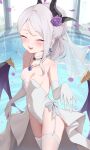  1girl :d absurdres bare_shoulders blue_archive blush breasts choker closed_eyes cowboy_shot demon_girl demon_horns demon_wings dress earrings elbow_gloves facing_viewer flower gloves hair_flower hair_ornament happy_tears highres hina_(blue_archive) horns jewelry kareya_(jixo95821699) leotard long_hair looking_at_viewer necklace nose_blush open_mouth ring see-through_clothes small_breasts smile solo standing strapless strapless_dress tears wedding wedding_dress wedding_ring white_choker wings 