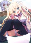  +_+ 2girls :d absurdres ahoge belt black_thighhighs blonde_hair blue_eyes blue_hair blurry blurry_background blush breasts cat_teaser cellphone cleavage commission couch depth_of_field fang feet hair_ornament highres holding holding_phone indoors large_breasts long_hair looking_at_viewer multiple_girls no_shoes open_mouth original panties pantyshot phone purple_hair red_eyes shiro9jira sitting skeb_commission skin_fang skirt smartphone smile soles symbol-shaped_pupils thighhighs toes twintails two_side_up underwear white_panties window 