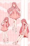  1girl ^_^ absurdres artist_request bare_legs bloom_poetry_(shining_nikki) bow bow_legwear bowtie brown_eyes camera chinese_commentary closed_eyes collared_shirt commentary_request cross-laced_clothes cross-laced_dress crossed_legs curtsey dress dress_bow dress_ribbon english_commentary frilled_shirt_collar frilled_sleeves frills hands_on_lap happy head_tilt heart heart_background high_collar high_heels highres holding holding_camera invisible_chair knees lace_background long_hair long_sidelocks long_sleeves looking_at_object looking_at_viewer mixed-language_commentary multiple_views nikki_(nikki) nikki_(series) open_mouth outline pinafore_dress pink_background pink_dress pink_hair pleated_skirt pumps recording red_bow red_bowtie red_ribbon ribbon second-party_source shining_nikki shirt shoe_soles shoes short_dress sidelocks sitting skirt sleeveless sleeveless_dress sleeves_past_wrists socks sparkle standing striped_clothes striped_shirt striped_socks tareme vertical-striped_background vertical-striped_clothes vertical-striped_shirt vertical-striped_socks very_long_hair wavy_hair white_outline white_shirt white_shoes white_socks 