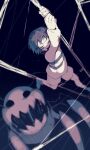  1girl animal bad_id bad_pixiv_id black_background black_hair boots bug frisk_(undertale) full_body giant_spider greyscale hair_between_eyes jumping long_sleeves looking_at_another looking_back monochrome monster muffet&#039;s_pet one_eye_closed open_mouth oshiruko_(tsume) oversized_animal shirt short_hair shorts simple_background spider string striped striped_shirt undertale 