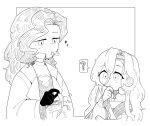  2girls 37_(reverse:1999) :o ? ancient_greek_clothes braces choker coat creature daku_k eating fairy gloves greco-roman_clothes greyscale hair_between_eyes hand_on_own_chin hand_up highres holding holding_creature inset_border lineart long_hair looking_at_another monochrome multiple_girls outside_border reverse:1999 sparkle speech_bubble spoken_question_mark toga tooth_fairy_(reverse:1999) white_background 