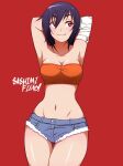  1girl absurdres armpits arms_behind_head arms_up artist_name bandaged_arm bandages bandeau bangs bare_shoulders blush breasts cleavage commentary cowboy_shot cutoffs denim denim_shorts english_commentary groin hair_between_eyes highres kanbaru_suruga looking_to_the_side micro_shorts midriff monogatari_(series) navel orange_bandeau orange_tube_top purple_hair red_background red_eyes sashimifiend short_hair shorts simple_background small_breasts smile solo standing stomach strapless thighs tube_top 