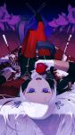  1girl absurdres animal apple black_shoes blood blood_splatter blue_background commentary_request edelgard_von_hresvelg faceless fire_emblem fire_emblem:_three_houses food fork from_above from_behind fruit garreg_mach_monastery_uniform gloves gradient_background hair_ribbon highres holding holding_food holding_fruit juliet_sleeves knee_up knife leg_up long_hair long_sleeves looking_at_viewer looking_up lying military_uniform on_back on_table open_mouth pantyhose parted_bangs pig puffy_sleeves purple_eyes purple_hair purple_ribbon red_pantyhose ribbon shade shoes solo_focus standing table tablecloth user_fagx8782 white_gloves 
