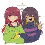  2girls adversarial_noise aged_up alternate_hair_length alternate_hairstyle black_tank_top blonde_hair blue_sweater blush breasts brown_hair chara_(undertale) colored_inner_hair frisk_(undertale) frown genderswap genderswap_(otf) green_sweater highres locked_arms long_hair mr0x0 multicolored_hair multiple_girls open_mouth red_eyes red_hair request_inset sleeves_past_fingers sleeves_past_wrists smile striped_clothes striped_sweater sweater tank_top too_many_watermarks translation_request turtleneck turtleneck_sweater two-tone_hair undertale w watermark watermark_grid wavebox 