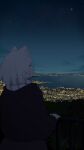  1girl absurdres against_railing alternate_costume animal_ear_fluff animal_ears azur_lane black_hoodie black_pants casual city city_lights cityscape closed_eyes dog_ears dog_girl english_commentary from_behind highres hood hood_down hoodie japan jewelry kobe long_sleeves maya_(azur_lane) mountainous_horizon name_connection night night_sky ocean outdoors pants railing real_world_location ring saiskh scarf short_hair sky star_(sky) tree water wedding_ring white_scarf 