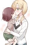  1_x_1/2 2girls 66ta1yak1 age_difference blonde_hair blush carrying child closed_eyes commentary_request green_eyes green_shorts heart highres incest kiss long_sleeves looking_at_another morii_asuka morii_ayako mother_and_daughter multiple_girls red_hair short_hair short_twintails shorts twintails younger yuri 