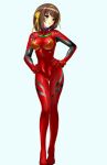  1girl bodysuit breasts brown_hair cameltoe cosplay cyborg-institute full_body hair_ribbon hairband hands_on_own_hips head_tilt highres looking_at_viewer mecha_pilot_suit medium_breasts neon_genesis_evangelion open_mouth plugsuit_(evangelion) red_bodysuit ribbon shiny_clothes simple_background skin_tight solo souryuu_asuka_langley souryuu_asuka_langley_(cosplay) standing suzumiya_haruhi suzumiya_haruhi_no_yuuutsu thigh_gap yellow_hairband yellow_ribbon 