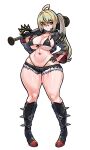  1girl absurdres ahoge baseball_bat black_boots black_bra black_gloves black_jacket black_shorts blonde_hair boots bra breasts covered_nipples crossed_bangs curvy full_body gloves hair_between_eyes hair_intakes hand_on_own_hip high_heel_boots high_heels highleg highleg_panties highres holding holding_weapon jacket large_breasts looking_at_viewer luciana_de_montefio mask micro_bra micro_shorts midriff mold_(pixiv6616319) mouth_mask navel open_clothes open_jacket over_shoulder panties panty_straps red_eyes red_panties shorts side_ponytail sideboob sidelocks simple_background skindentation solo spiked_boots spiked_helmet spiked_knuckles standing thick_thighs thighs underboob underwear weapon weapon_over_shoulder white_background wide_sleeves zenless_zone_zero 