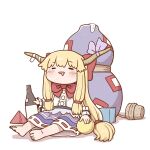  1girl bangs barefoot blonde_hair blue_skirt blush bottle bow bowtie closed_eyes cork cuffs drooling drunk eyebrows_visible_through_hair gourd grey_ribbon hair_bow holding holding_bottle horn_ornament horn_ribbon horns ibuki_suika long_hair mouth_drool oni_horns open_mouth poronegi pyramid_(geometry) red_bow red_bowtie ribbon shackles shirt sidelocks simple_background sitting skirt solo toes touhou very_long_hair white_background white_shirt wrist_cuffs 