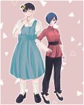  1boy 1girl absurdres bangs belt black_belt black_footwear black_hair black_pants blue_hair blush bow breasts brown_background closed_mouth collared_shirt commentary_request dress eyepatch full_body green_dress hair_bow hair_over_one_eye hand_on_hip highres kaneki_ken kirishima_touka kneehighs large_breasts looking_at_viewer outline pants puffy_short_sleeves puffy_sleeves shirt shoes short_hair short_sleeves smile tokyo_ghoul toukaairab white_legwear white_outline yellow_bow 