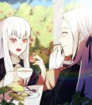  2girls blurry blurry_background bush close-up closed_mouth color_connection cup depth_of_field edelgard_von_hresvelg fire_emblem fire_emblem:_three_houses food from_behind from_side garreg_mach_monastery_uniform gloves hair_between_eyes hair_color_connection hair_ribbon happy highres holding holding_cup holding_food light_particles light_smile long_hair long_sleeves looking_at_another lysithea_von_ordelia military_uniform multiple_girls nyub_fe open_mouth outdoors parted_bangs pink_eyes plant plate purple_eyes purple_ribbon rainbow ribbon shade spoon sunlight sweets table teacup upper_body white_gloves white_hair 