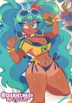  1girl aqua_eyes aqua_hair bikini bikini_under_clothes black_bikini brazilian_flag brazilian_flag_print brazilian_miku breasts cleavage eyewear_on_head feet_out_of_frame flag_print hatsune_miku highres long_hair navel off-shoulder_shirt off_shoulder print_shirt rectangular_earrings shaka_sign shirt shorts_tan smile solo sunglasses swimsuit tan tanlines tied_shirt tongue tongue_out very_long_hair vocaloid white-framed_eyewear yellow_shirt zeebiecakes 