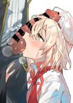  1boy 1girl absurdres alice_(egocentric_patissiere)_(tales) alice_(tales) bar_censor blonde_hair blush censored commission cum cum_on_body cum_on_hair cum_on_headwear facial grabbing_another&#039;s_thighs hat hetero highres mogamiya_honu official_alternate_costume oral pants penis penis_on_face regal_bryan short_hair tales_of_(series) tales_of_symphonia tales_of_symphonia_knight_of_ratatosk tales_of_the_rays testicle_sucking tongue tongue_out white_background yellow_eyes 