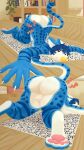 9:16 absurd_res anthro avian balls beak bedroom big_butt blue_body blue_fur blue_hair brown_eyes butt butt_focus claws comic detailed_background feet felid feline floor fur genitals gold_iris hair hands_on_ground hi_res hindpaw huge_butt male mammal markings nude pawpads paws pink_pawpads rug serval shelf solo spots spotted_body striped_body stripes tail tail_markings thick_thighs white_body white_fur wood wood_floor