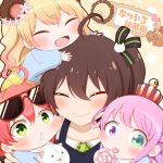  35p_(sakura_miko) 4girls :d =_= ahoge animal_ears bangs bear_ears black_ribbon blonde_hair blush brown_hair candy cat_hair_ornament child closed_eyes crown ebi_frion_(natsuiro_matsuri) eyewear_on_head flower food gradient_hair green_eyes hair_between_eyes hair_flower hair_ornament hair_ribbon hair_rings heterochromia highres himemori_luna hololive hug kindergarten_uniform licking lollipop long_hair matsurisu medium_hair mini_crown momosuzu_nene multicolored_hair multiple_girls natsuiro_matsuri on_head open_mouth person_on_head pink_hair purple_eyes red-framed_eyewear ribbon sakura_miko side_ponytail smile translated triangle_mouth virtual_youtuber wavy_mouth younger yukino_tsukasa 