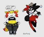 2022 accessory anthro artist_name batman_(series) big_breasts big_hammer black_bracelet black_clothing black_crop_top black_eyes black_footwear black_headband black_legwear black_shirt black_shoes black_thigh_highs black_topwear blush blush_stickers bodily_fluids bottomwear bracelet braixen breast_size_difference breasts cheek_tuft cleavage_cutout clothing cosplay countershade_face countershading crop_top crossover crossover_cosplay cutout dc_comics digital_drawing_(artwork) digital_media_(artwork) dipstick_tail duo ellipsis eyelashes facial_tuft fake_horns fangs female female_anthro female_humanoid footwear fur generation_3_pokemon generation_6_pokemon grey_background hammer hand_behind_head hand_behind_own_head harley_quinn headband holding_hammer holding_object holding_tool huge_breasts humanoid inner_ear_fluff jewelry kirlia legwear looking_at_viewer looking_up markings medium_breasts miniskirt mismatched_footwear mismatched_shoes multicolored_body multicolored_fur multicolored_tail navel nintendo oofrowdy open_mouth open_smile orange_body orange_fur orange_inner_ear_fluff orange_tail_tip pink_blush pokemon pokemon_(species) red_clothing red_footwear red_shoes scarlet_(oofrowdy) shaded shirt shoes simple_background simple_shading skirt slightly_chubby slightly_chubby_anthro slightly_chubby_female slim_female slim_humanoid smile standing sweat tail tail_markings teeth text thick_thighs thigh_highs tools topwear tuft twitter_handle two_tone_tail watermark white_body white_countershading white_fur white_tuft wide_hipped_anthro wide_hipped_female wide_hips yellow_body yellow_ears yellow_fur yellow_tail