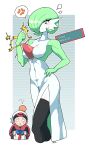  1boy 1girl :&lt; absurdres anger_vein angry artist_name black_thighhighs blush bob_cut border breasts brendan_(pokemon) clenched_hand closed_mouth clothed_pokemon collarbone colored_skin commentary covered_navel cropped_legs dated gardevoir gradient_background green_hair green_skin grey_background hair_over_one_eye hand_on_own_hip hand_up head_bump highres holding holding_shirt holding_unworn_clothes looking_at_viewer medium_breasts multicolored_skin omura_zojiki one_eye_covered outside_border pokemon pokemon_(creature) pokemon_rse puff_of_air red_eyes shirt short_hair signature solo_focus speech_bubble spoken_anger_vein standing sweat thighhighs translation_request two-tone_skin unworn_shirt v-shaped_eyebrows white_border white_skin 