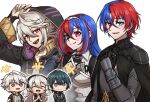 2girls 4boys alternate_costume armor black_armor black_cape black_hairband blue_hair brown_eyes cape chibi commentary_request cosplay costume_switch dual_persona female_alear_(fire_emblem) female_corrin_(fire_emblem) female_corrin_(fire_emblem)_(cosplay) fire_emblem fire_emblem:_three_houses fire_emblem_awakening fire_emblem_engage fire_emblem_fates fire_emblem_heroes gauntlets grey_hair hairband heterochromia highres hood hood_up long_hair looking_at_viewer male_alear_(fire_emblem) male_byleth_(fire_emblem) male_byleth_(fire_emblem)_(cosplay) male_corrin_(fire_emblem) male_robin_(fire_emblem) male_robin_(fire_emblem)_(cosplay) multicolored_hair multiple_boys multiple_girls open_mouth pointy_ears purple_eyes red_eyes red_hair smile split-color_hair two-tone_hair white_background white_hair zuzu_(ywpd8853) 