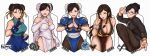  1girl biceps bracelet breasts bridal_veil bun_cover chinese_clothes chun-li cleavage double_bun dress elbow_gloves fighting_stance fingerless_gloves glasses gloves hair_ribbon hershuar highres jewelry leg_up looking_at_viewer multiple_persona muscular muscular_female office_lady official_alternate_costume own_hands_together pantyhose ribbon semi-rimless_eyewear smile spiked_bracelet spikes street_fighter street_fighter_v thighs upper_body veil wedding_dress white_dress 