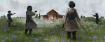  5girls absurdres aiming black_hair blood blood_on_clothes blood_on_dress brown_coat cat coat dress field flower flower_field gun hairo_(r228n) handgun highres holding holding_leash house leash long_sleeves multiple_girls original outdoors short_hair sky standing weapon white_sky wide_shot 