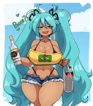  1girl absurdres aqua_eyes aqua_hair artist_name bag bikini bikini_under_clothes black_bikini blue_sky blush bottle brazilian_flag brazilian_flag_print brazilian_miku breasts cleavage cloud cowboy_shot denim denim_shorts flag_print hatsune_miku highres holding holding_bag holding_bottle large_breasts long_hair looking_at_viewer micro_shorts midriff navel off-shoulder_shirt off_shoulder open_mouth print_shirt shirt short_sleeves shorts sky smile solo swimsuit theyeager_san twintails very_long_hair vocaloid yellow_shirt 