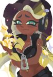  1girl aqua_eyes artist_name black_hair black_shorts breasts cephalopod_eyes cleavage coin collarbone crop_top cropped_vest dark-skinned_female dark_skin fingerless_gloves gloves gold_coin gradient_hair highres holding holding_coin holding_money long_hair marina_(off_the_hook_outfit)_(splatoon) marina_(splatoon) mira_2420 mole mole_under_mouth money money_between_breasts multicolored_hair navel_piercing octoling piercing pink_pupils shorts smile solo splatoon_(series) suction_cups tentacle_hair twitter_username upper_body vest zipper_pull_tab 