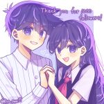  1boy 1girl :d antenna_hair blush border breasts buttons collared_shirt commentary_request double-parted_bangs grin hair_behind_ear hair_between_eyes hair_over_shoulder hand_up heart hero_(headspace)_(omori) hero_(omori) highres holding_hands long_hair long_sleeves mari_(headspace)_(omori) mari_(omori) milestone_celebration neckerchief omori open_mouth outside_border pink_neckerchief purple_background purple_eyes purple_hair purple_sweater_vest ryo_pen17 shirt short_hair short_sleeves simple_background small_breasts smile straight_hair striped_clothes striped_shirt sweater_vest teeth tongue twitter_username upper_body vertical-striped_clothes vertical-striped_shirt very_short_hair white_border white_shirt 