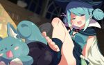  1boy 1girl aqua_hair barefoot blue_hair blurry blurry_background blush bookshelf breasts cape commission creature double_bun drooling feet femdom fingerless_gloves foot_focus footjob gloves grey_eyes hair_bun hat hetero highres indoors looking_at_viewer mouth_drool no_shoes open_mouth original shiro9jira sitting skeb_commission smile socks stepped_on stirrup_legwear sweat thighhighs toeless_legwear toes witch_hat 