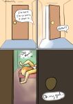 absurd_res accident accidental_exposure animal_genitalia animal_penis balls bedroom canid canine canine_genitalia canine_penis caught coalcolorhusky dialogue door door_handle doorknob fox genitals hallway hi_res knot male mammal offscreen_character paws penis red_fox solo speech_bubble tail text true_fox white_balls yelling yellow_penis