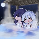  2girls :d ;) blush chibi closed_eyes closed_mouth commentary_request full_moon grey_hair hair_intakes highres honkai_(series) honkai_impact_3rd kiana_kaslana mokkyo_(motkyo) moon multiple_girls naked_towel night night_sky one_eye_closed onsen outdoors partially_submerged purple_eyes purple_hair raiden_mei sky smile star_(sky) starry_sky steam towel upper_body water 