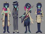  1other apron blue_skin checkered_background colored_skin deltarune electric_guitar food food_on_head guitar hair_over_eyes hat highres instrument kris_(dark_world)_(deltarune) kris_(deltarune) lab_coat morick nurse_cap object_on_head official_alternate_costume partially_shaded_face striped_suit suit waist_apron waiter 