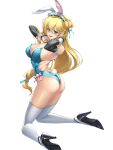  1girl agnes_claudel animal_ear_hairband animal_ears black_gloves blonde_hair blue_eyes blue_leotard blush bow bowtie breasts chiga_akira cleavage commentary_request detached_collar eiyuu_densetsu elbow_gloves embarrassed fake_animal_ears floating_hair gloves hair_between_eyes hairband high_heels highleg highres kneeling kuro_no_kiseki_(series) large_breasts leotard long_hair looking_at_viewer open_mouth playboy_bunny rabbit_ear_hairband rabbit_ears rabbit_tail sidelocks simple_background smile solo tail thighhighs white_background white_thighhighs white_wrist_cuffs wrist_cuffs 
