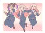  3girls :d ;d absurdres ahoge artist_name bambi2000line black_hair black_jacket brown_shoes colored_inner_hair commentary_request full_body grin hair_between_eyes hair_ornament hair_ribbon hairclip highres jacket loafers long_hair long_skirt long_sleeves looking_at_viewer matching_outfits mother_and_daughter multicolored_hair multiple_girls neck_ribbon one_eye_closed onii-chan_wa_oshimai! open_mouth oyama_mahiro oyama_matsuri oyama_mihari paw_pose pink_background pink_hair pleated_skirt polka_dot polka_dot_background purple_hair red_ribbon ribbon school_uniform shirt shoes siblings simple_background sisters skirt smile twintails two-tone_hair very_long_hair white_shirt 