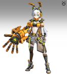  1girl absurdres animal_ears asymmetrical_legwear belt boots breasts brown_jacket cleavage closed_mouth crop_top fake_animal_ears fingerless_gloves full_body gauntlets gloves gradient_background green_eyes grey_background grey_hair hair_ornament hairclip headphones highres jacket kneehighs large_breasts long_hair looking_at_viewer mecha_musume mechanical_arms medium_breasts midriff mismatched_legwear navel original rabbit_ears robot_girl short_sleeves single_fingerless_glove single_gauntlet single_glove single_kneehigh single_mechanical_arm single_sock single_thighhigh skirt socks solo standing stomach striped_clothes striped_thighhighs thighhighs uneven_legwear vertical-striped_clothes vertical-striped_thighhighs very_long_hair white_hair zzq 
