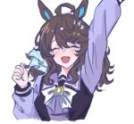  1girl ahoge animal_ears blush bow bowtie brown_hair clenched_hand cropped_torso daring_tact_(umamusume) facing_viewer hair_ornament horse_ears kerotan_(belle_reinedesu) long_hair long_sleeves open_mouth purple_shirt round_teeth sailor_collar school_uniform shirt simple_background solo teeth tracen_school_uniform umamusume upper_teeth_only white_background 