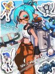  1boy absurdres arm_up big_man_(splatoon) big_man_(splatoon_raiders) black_gloves blonde_hair blue_hair clenched_hand closed_eyes commentary copyright_name crop_top earrings fingerless_gloves fish_hook_earrings fishing_rod frye_(splatoon) frye_(splatoon_raiders) gloves hair_over_one_eye hand_on_own_hip highres holding holding_fishing_rod holding_weapon inkling jewelry male_focus mechanic_(splatoon_raiders) medium_hair midriff navel octoling official_alternate_costume orange_eyes orange_pants outline pants pointy_ears purple_hair red_eyes shiratoripica shiver_(splatoon) shiver_(splatoon_raiders) single_earring solo splatoon_(series) splatoon_raiders tentacle_hair thick_eyebrows topknot weapon white_outline 