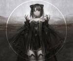  1girl animal_ears arknights bangs bare_shoulders black_choker black_dress cat_ears choker closed_mouth commentary_request dress expressionless eyebrows eyebrows_visible_through_hair field grey_legwear hair_ornament hairclip heibaise_jiangshi legs_together long_sleeves looking_at_viewer mandrake_(arknights) medium_hair mountain mountainous_horizon off-shoulder_dress off_shoulder outdoors scenery short_dress sidelocks solo thighhighs wide_sleeves yellow_eyes 