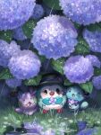  :o absurdres alternate_color animal_focus bird bow bowtie clothed_pokemon commentary_request dew_drop flower_wreath goomy grass hat highres leaf looking_at_viewer no_humans open_mouth owl pokemon pokemon_(creature) puddle purple_bow purple_bowtie rain rcitizen4 rowlet shiny_pokemon standing tail water_drop watermark wooper 