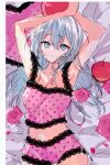  1girl apple aqua_eyes aqua_hair armpits arms_up bed_sheet black_lace_trim blue_hair camisole collarbone crying crying_with_eyes_open flower food frilled_pillow frills fruit hair_down hatsune_miku heart heart-shaped_pillow highres lace-trimmed_camisole lace-trimmed_panties lace_trim looking_at_viewer lying midriff navel on_back on_bed panties petals pillow pink_camisole pink_flower pink_pillow pink_rose romeo_to_cinderella_(vocaloid) rose sketch solo tearing_up tears underwear vocaloid zar6vnffxk22155 