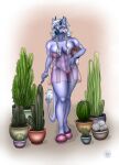 2025 2_horns absurd_res anthro avian beak big_breasts blue_body breasts cactus clothing female footwear gryphon hair hi_res holding_object holding_plant horn midriff mythological_avian mythological_creature mythology nipples nipples_visible_through_clothing panties plant plant_pot potted_plant sandals shoes solo tirri translucent translucent_clothing translucent_topwear twintails_(hairstyle) ulyritirri underwear white_hair yellow_eyes