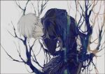  1boy bangs bare_tree black_jacket black_pants branch commentary_request facing_down from_side grey_background grey_hair hands_on_own_face hood hood_down hooded_jacket jacket kaneki_ken koujima_shikasa leaning_forward long_sleeves male_focus pants short_hair simple_background solo tokyo_ghoul tree 