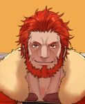  2boys beard cape face facial_hair fate/zero fate_(series) fur-trimmed_cape fur_trim halorane holding holding_sword holding_weapon iskandar_(fate) leather male_focus mature_male multiple_boys muscular muscular_male orange_background over_shoulder portrait red_eyes red_hair short_hair smile sword sword_over_shoulder weapon weapon_over_shoulder 