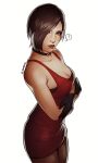  1girl ? ada_wong arms_under_breasts artist_name bare_shoulders black_choker black_gloves black_hair breasts brown_pantyhose choker cleavage closed_mouth collarbone cowboy_shot crossed_arms dress english_commentary gloves hair_over_one_eye large_breasts lips looking_at_viewer pantyhose red_dress red_lips resident_evil resident_evil_2 resident_evil_2_(remake) short_dress short_hair simple_background sleeveless sleeveless_dress solo spoken_question_mark white_background zombiyh 