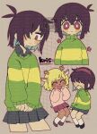  2girls animal_ears antlers black_shirt black_shoes black_skirt blonde_hair blush brown_hair character_name closed_eyes collared_shirt deer_antlers deer_ears deer_girl deer_tail deltarune fake_horns furry furry_female genderswap genderswap_(otf) green_sweater hair_over_one_eye highres horn_hairband horns kris_(deltarune) mr0x0 multiple_girls noelle_holiday pink_sweater red_eyes red_horns red_skirt shirt shoes short_hair skirt socks striped_clothes striped_sweater sweater tail translation_request venus_symbol watermark white_socks 